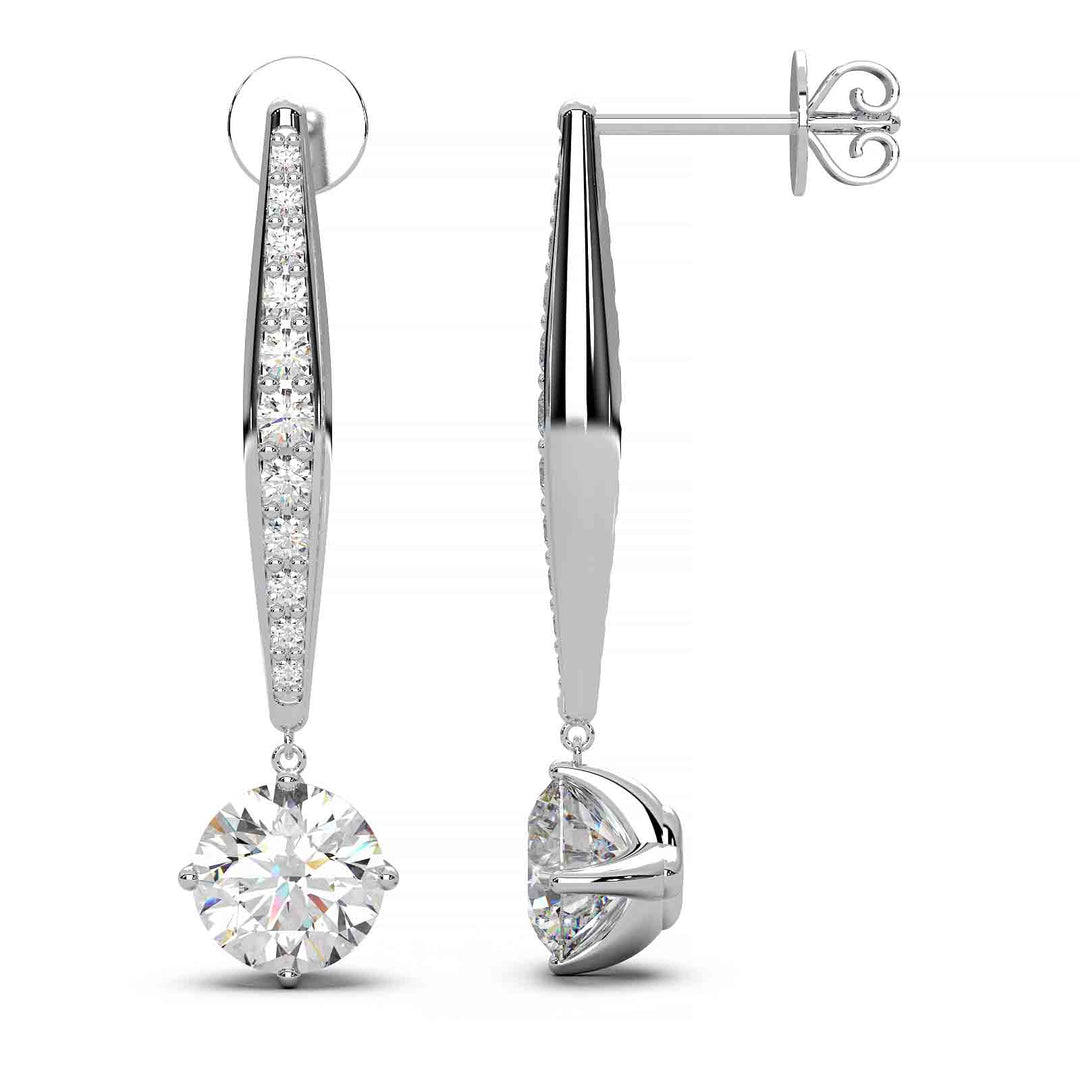 Elegant 2 ct lab-grown diamond dangling earrings in 14k yellow gold, featuring VS1 clarity and E color diamonds with small accent stones.