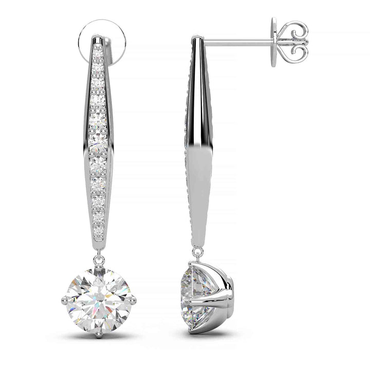 Elegant 2 ct lab-grown diamond dangling earrings in 14k yellow gold, featuring VS1 clarity and E color diamonds with small accent stones.