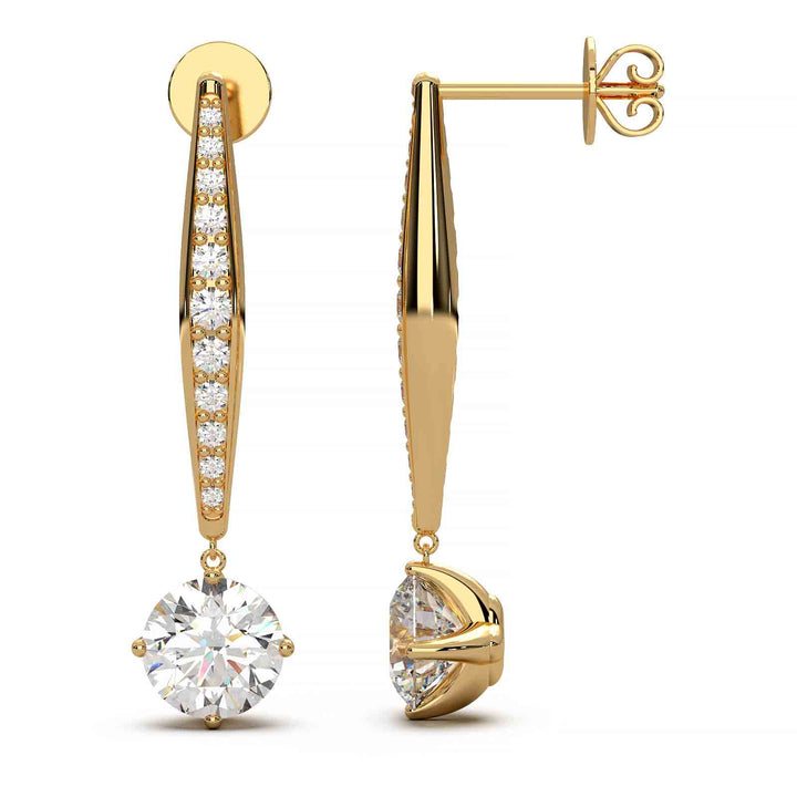 Elegant 2 ct lab-grown diamond dangling earrings in 14k yellow gold, featuring VS1 clarity and E color diamonds with small accent stones.