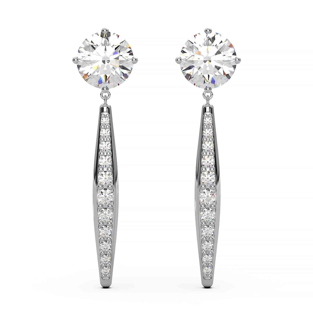 Elegant 2 ct lab-grown diamond dangling earrings with top stone design, set in 14k yellow, white, or rose gold, featuring VS1 clarity and E color diamonds.