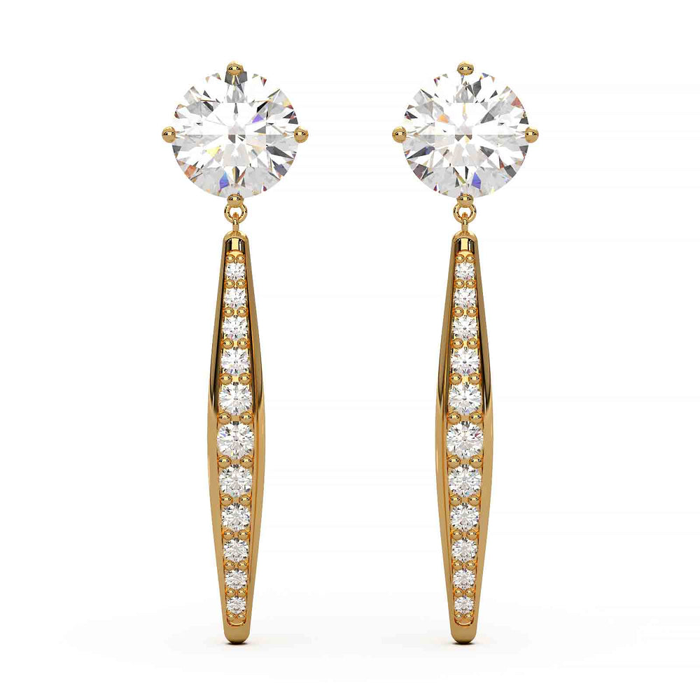 Elegant 2 ct lab-grown diamond dangling earrings with top stone design, set in 14k yellow, white, or rose gold, featuring VS1 clarity and E color diamonds.