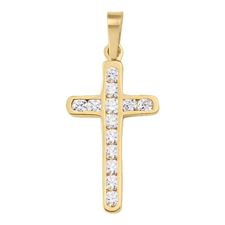 Minimal Latin Yellow Gold Cross Pendant on white background