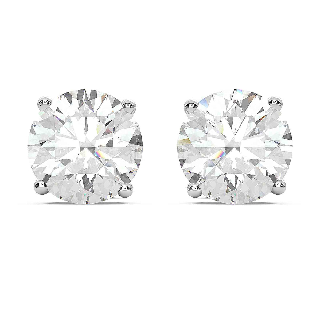 Close-up of 2 carat total round lab-grown diamond stud earrings in a four-prong basket setting.