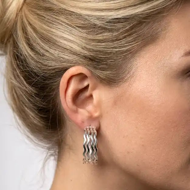 White Gold Fancy Hoop Earrings, 17mm - worn on ear