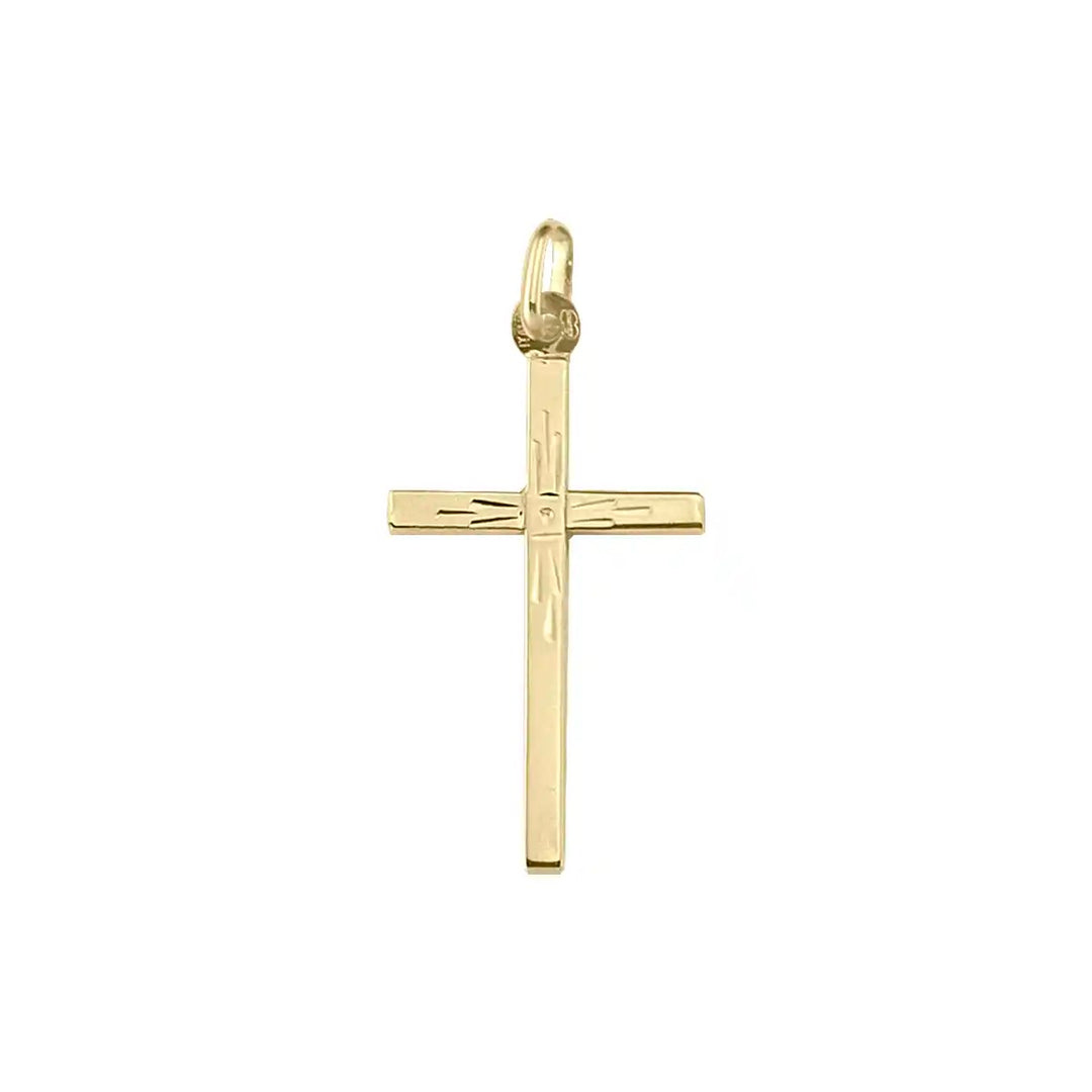 Engraved Latin Yellow Gold Cross Pendant on white background