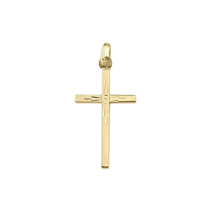 Engraved Latin Yellow Gold Cross Pendant on white background