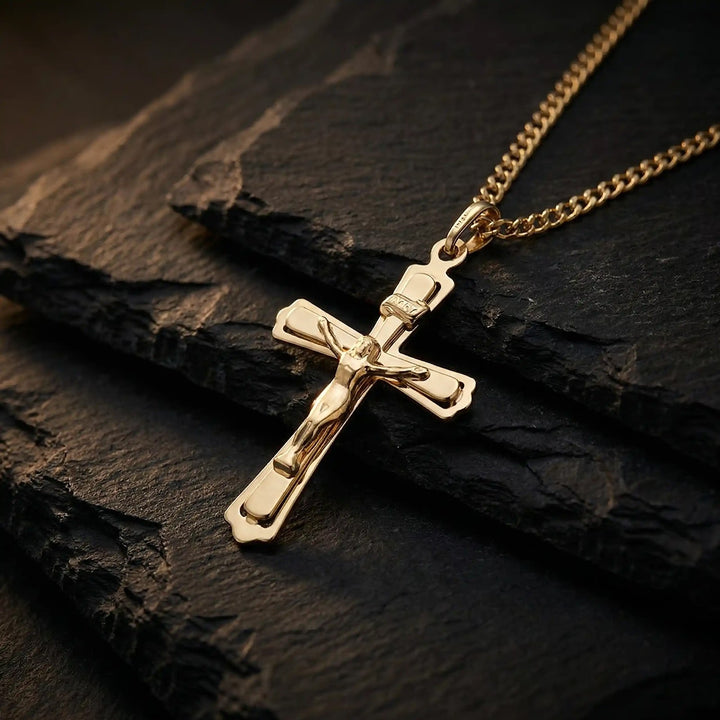 Layered Crucifix Yellow Gold Cross Pendant on stone