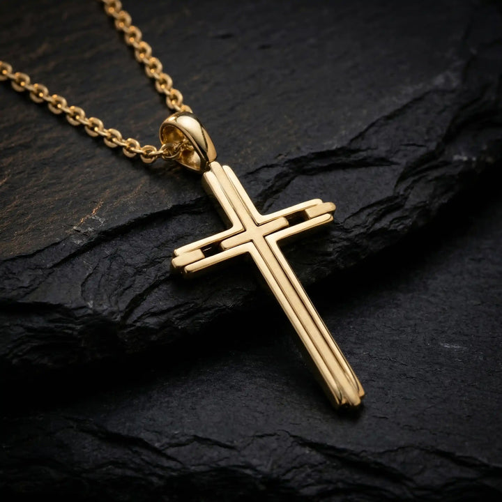 Layered Latin Yellow Gold Cross Pendant on stone