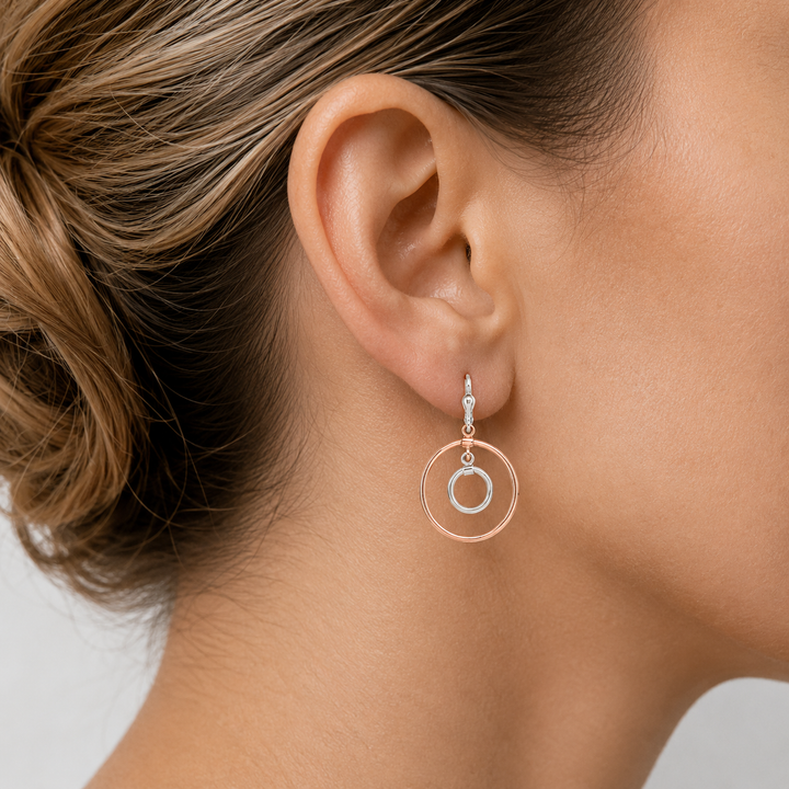Pink And White Gold Fancy Circle Drop Earrings - worn on ear