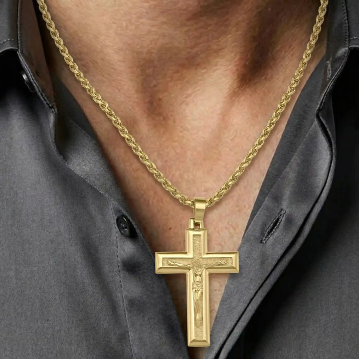 Latin Crucifix Yellow Gold Cross Pendant worn on mens chest