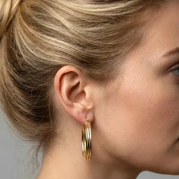 Yellow Gold Oval Patterned Hoop Earrings, 15.6mm - worn on ear