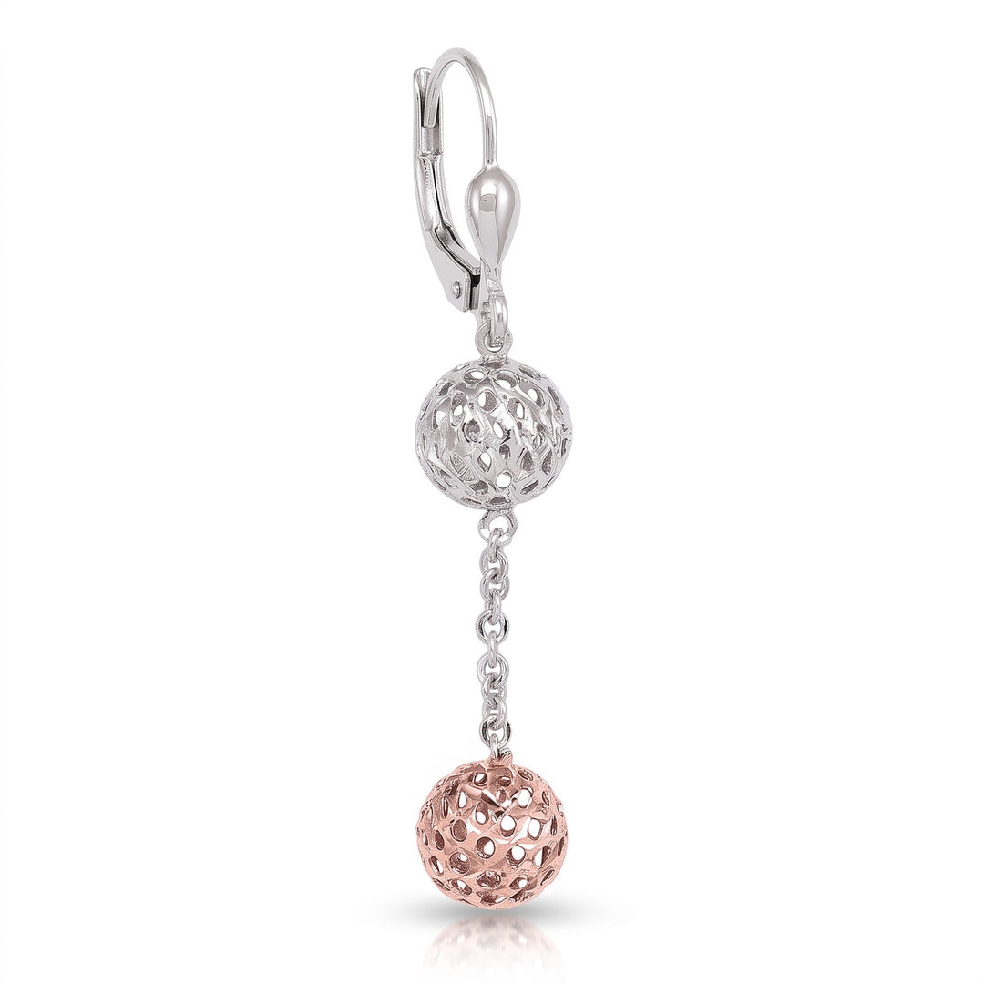 Pink And White Gold Diamond Cut Ball Drop Earrings