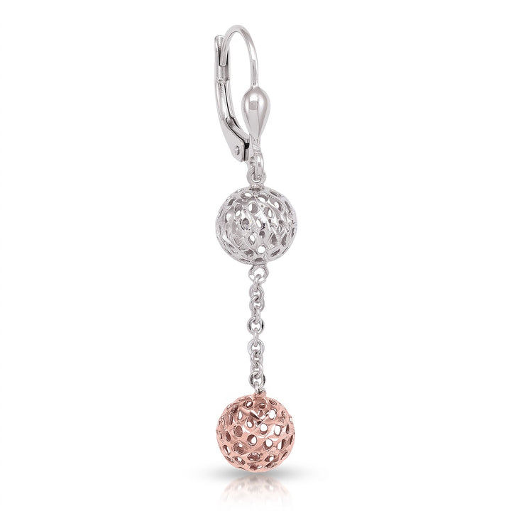 Pink And White Gold Diamond Cut Ball Drop Earrings