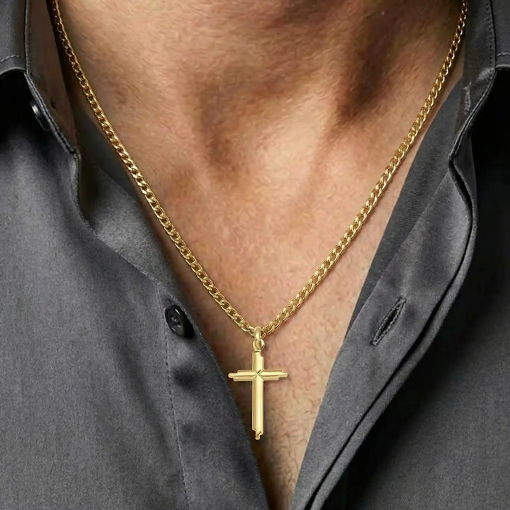 Stepped Latin Yellow Gold Cross Pendant worn on mens chest
