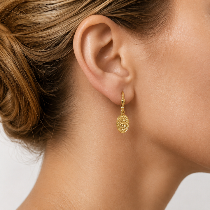 Yellow Gold Fancy Diamond Cut Fancy Drop Earrings - worn on ear