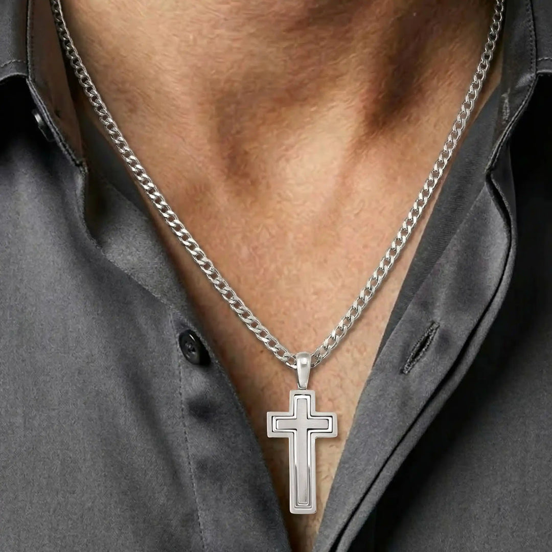 Layered Latin White Gold Cross Pendant worn on mens chest