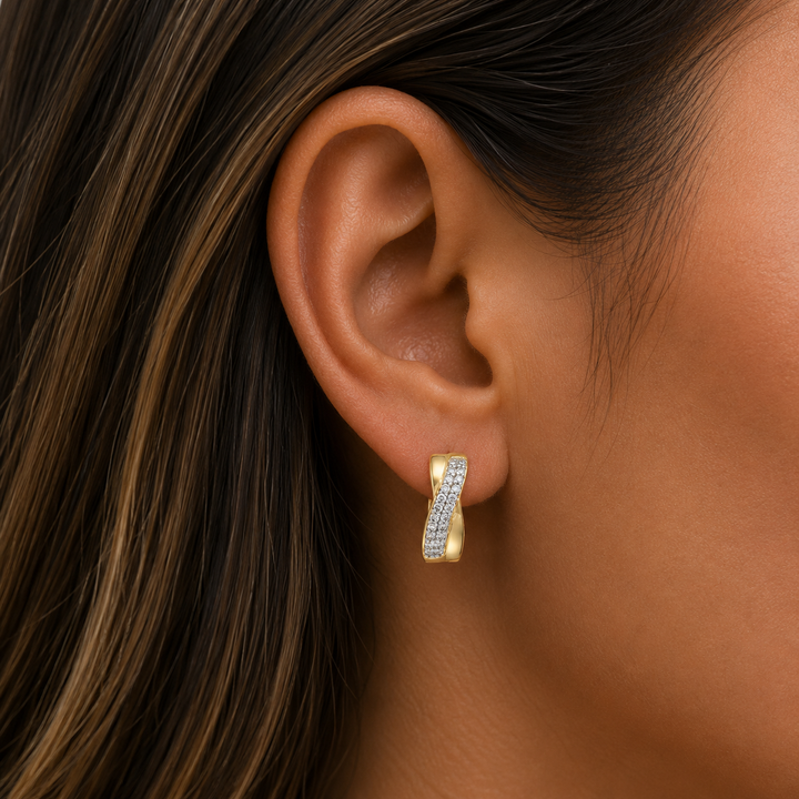 Yellow Gold CZ Huggie Hoop Earrings, 13.3mm - worn on ear