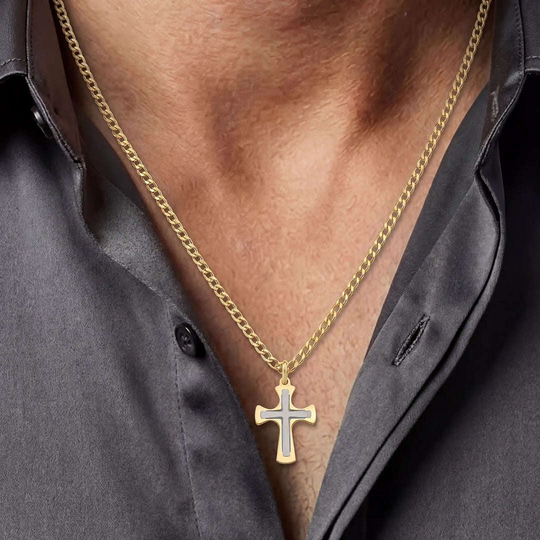Layered Pattee Two-Tone Gold Cross Pendant worn on mens chest