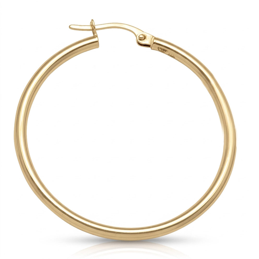 Yellow Gold High Polish Plain 2mm Tube Hoop Earrings, 34mm