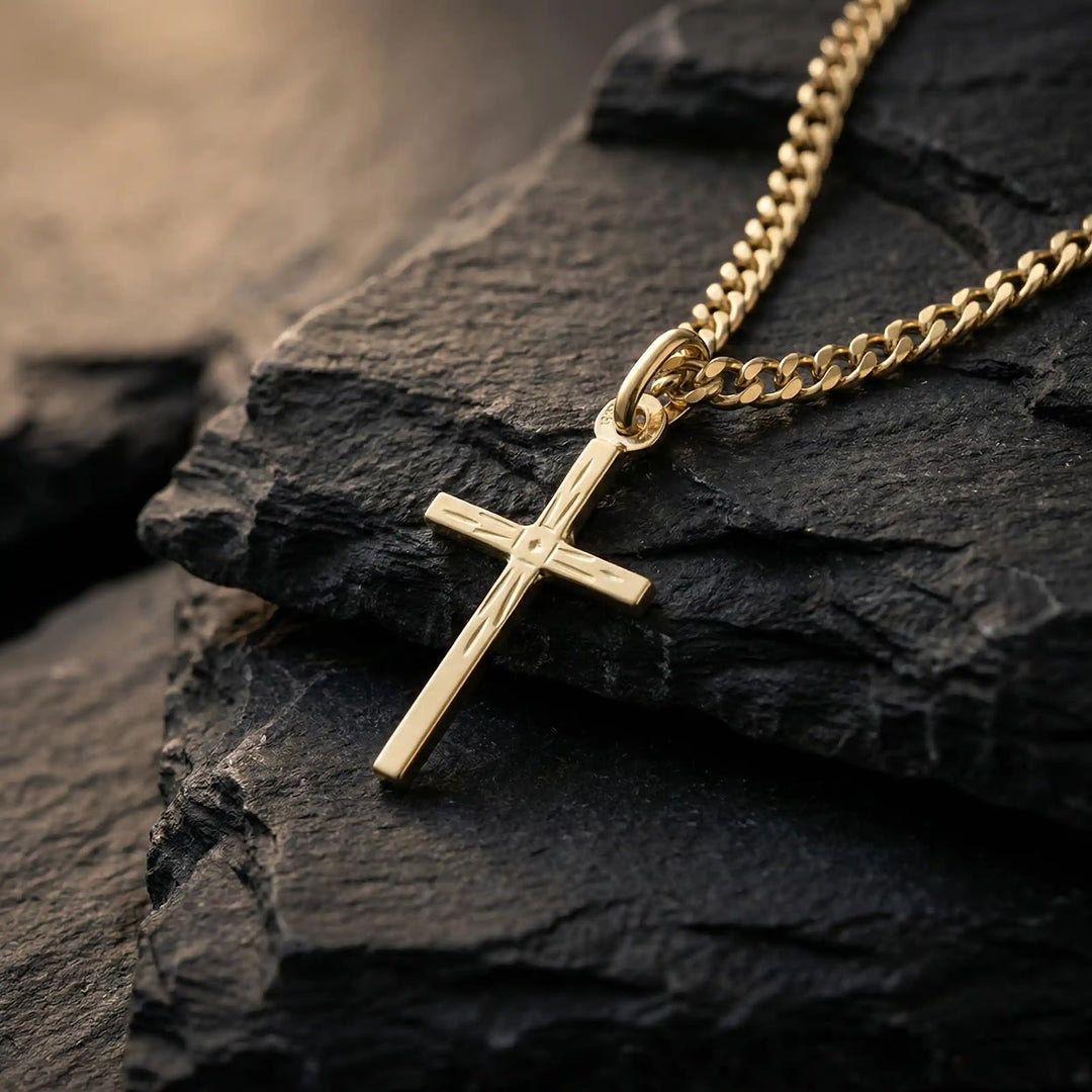 Engraved Latin Yellow Gold Cross Pendant on stone