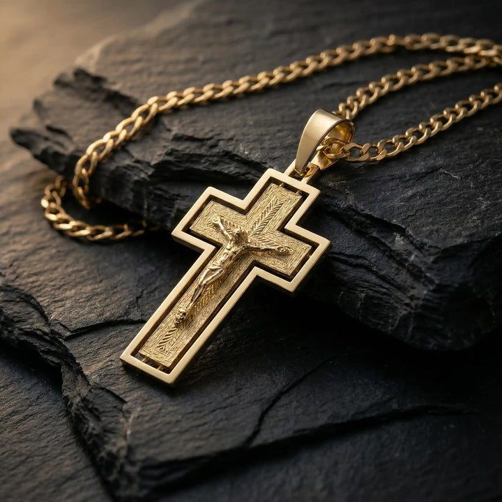 Latin Crucifix Yellow Gold Cross Pendant on stone