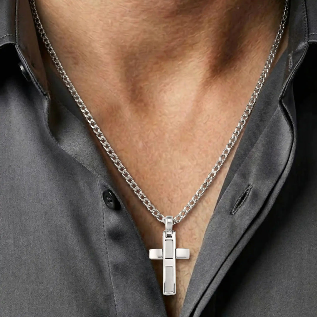 Modern Latin White Gold Cross Pendant worn on mens chest