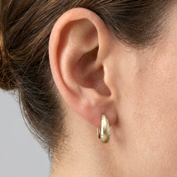 Two Tone Patterned Oval Huggie Earrings - worn on ear