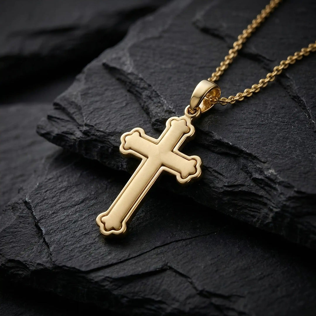 Budded Latin Yellow Gold Cross Pendant on stone