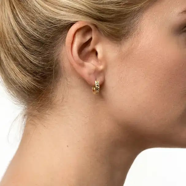Two Tone Patterned Huggie Earrings - worn on ear