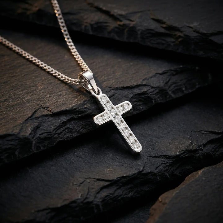 Channel-Set Latin White Gold Cross Pendant on stone