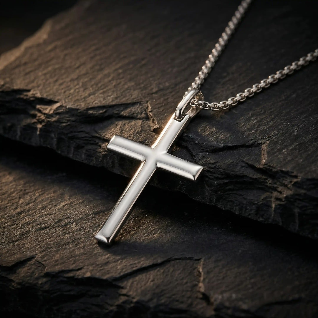 Minimal Latin White Gold Cross Pendant on stone