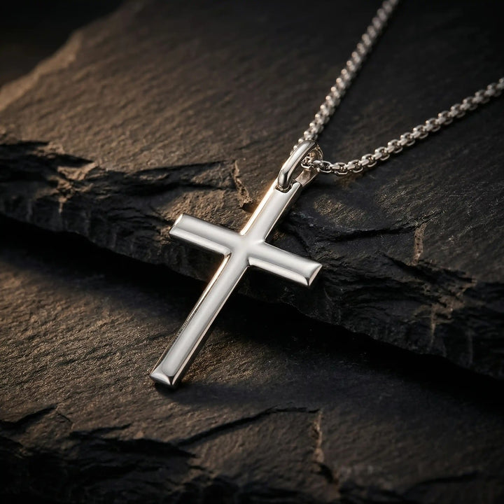 Minimal Latin White Gold Cross Pendant on stone