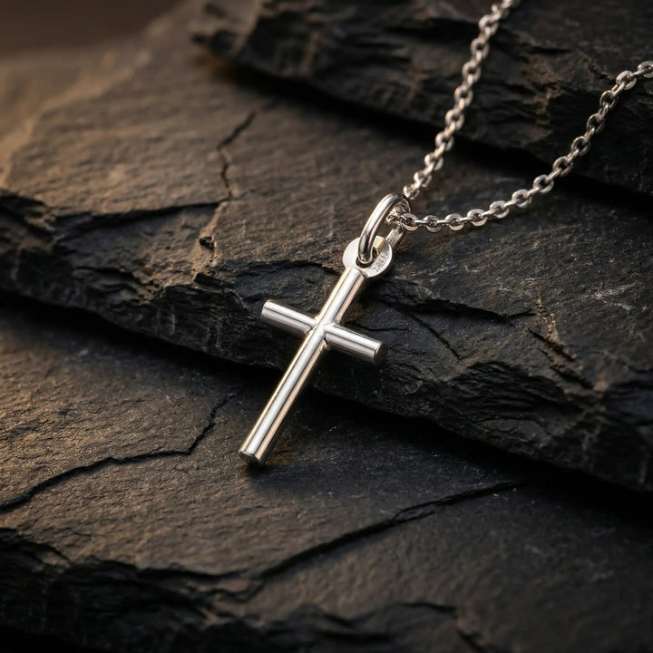 Tubular Latin White Gold Cross Pendant on stone