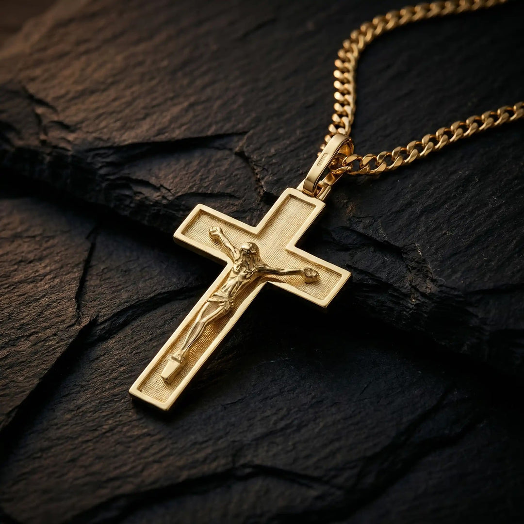 Latin Crucifix Yellow Gold Cross Pendant on stone