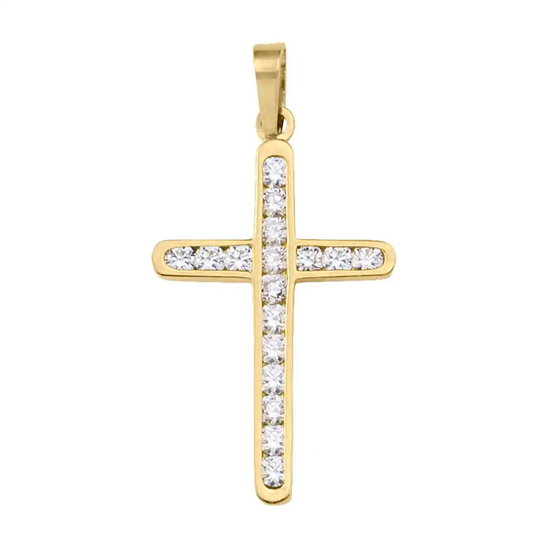 Channel-Set Latin Yellow Gold Cross Pendant on white background