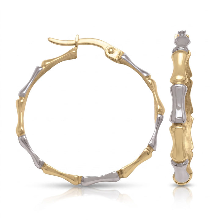 Two Tone Bamboo Design Hoop Earrings, 25.5mm