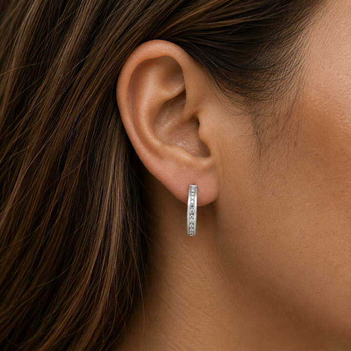 White Gold CZ Hoop Earrings, 14mm - worn on ear