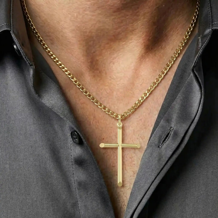 Tubular Latin Yellow Gold Cross Pendant worn on mens chest