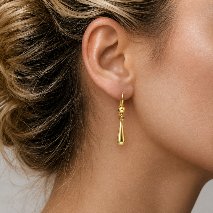 Yellow Gold High Polish Tear Drop Earrings - worn on ear