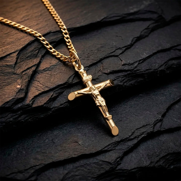 Tubular Crucifix Yellow Gold Cross Pendant on stone