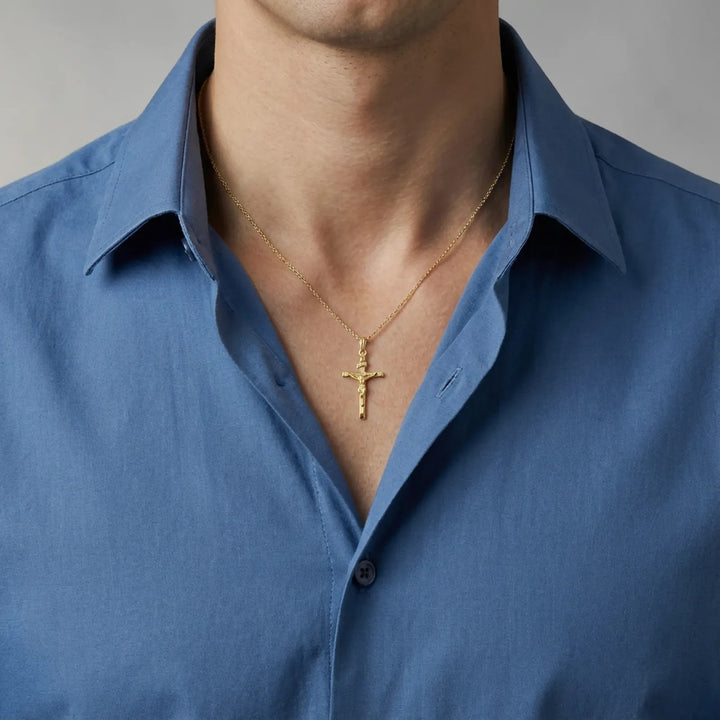 Tubular Crucifix Yellow Gold Cross Pendant worn on mens chest