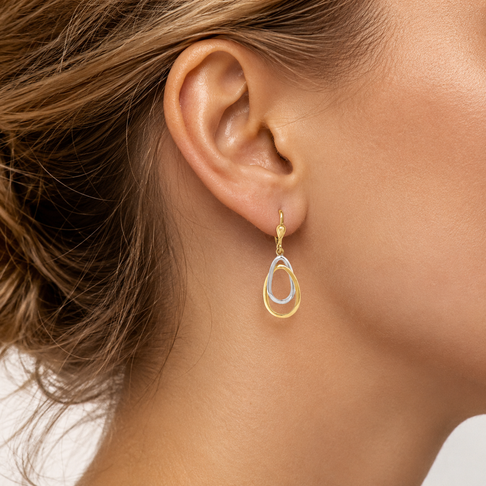 Two Tone Fancy Drop Earrings - worn on ear