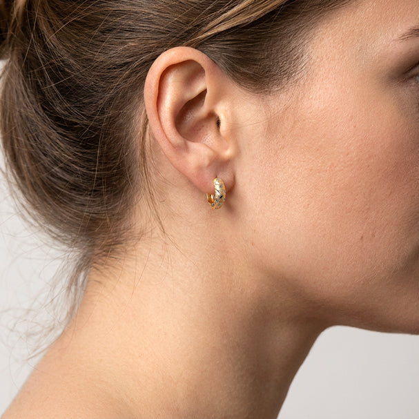 Two Tone Patterned Huggie Earrings - worn on ear