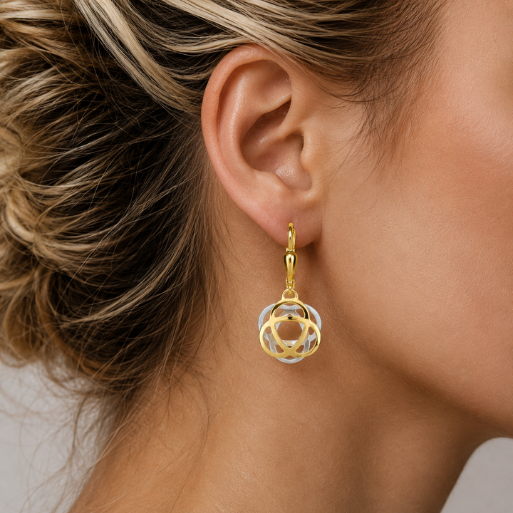 Two Tone Fancy Drop Earrings - worn on ear