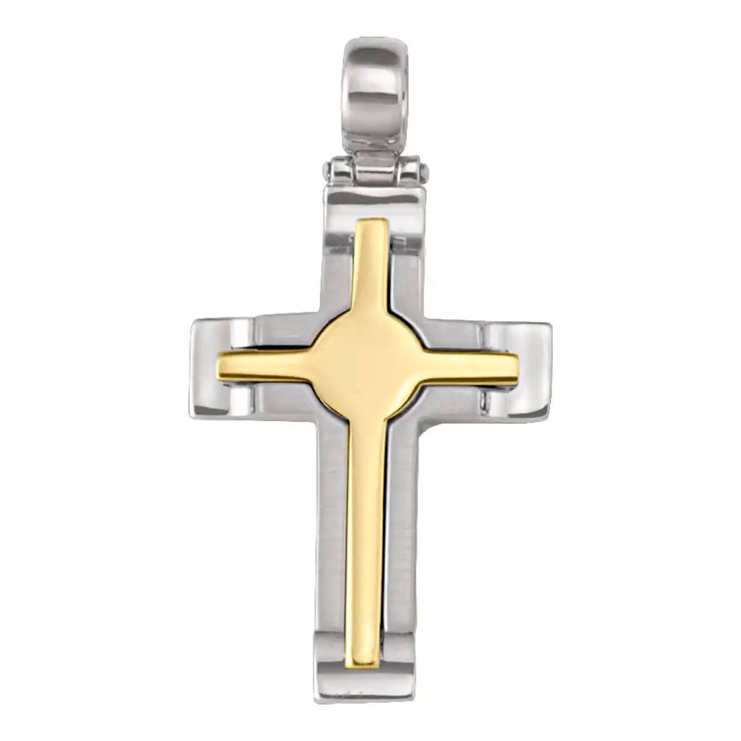Layered Latin Two-Tone Gold Cross Pendant on white background