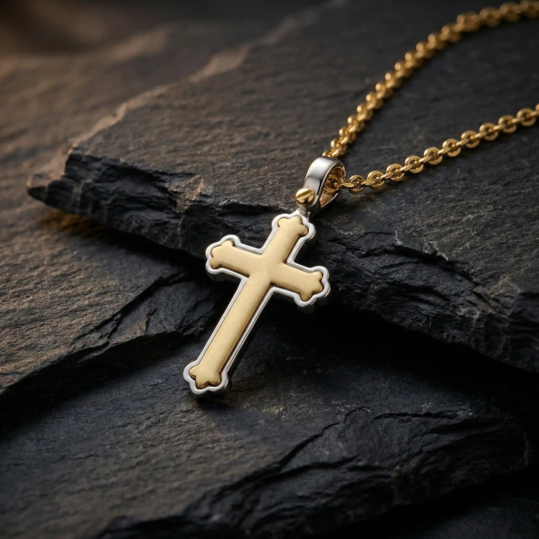 Budded Latin Two-Tone Gold Cross Pendant on stone