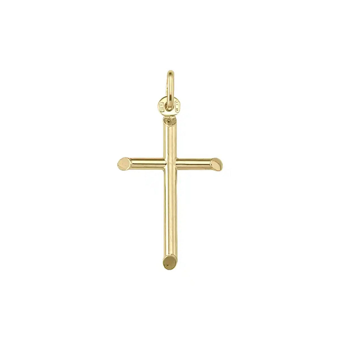 Tubular Latin Yellow Gold Cross Pendant on white background