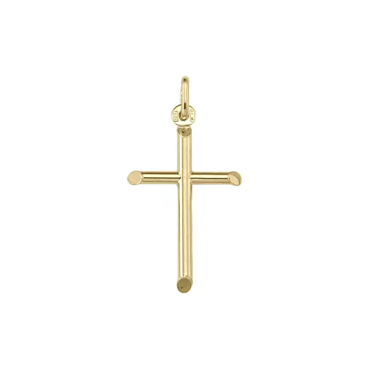 Tubular Latin Yellow Gold Cross Pendant on white background