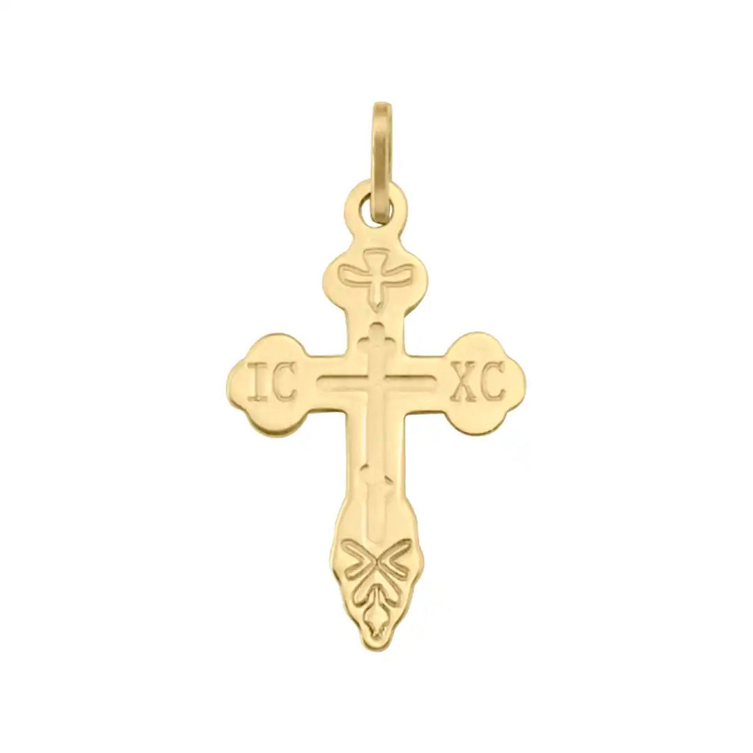 Three-Bar Orthodox Yellow Gold Cross Pendant on white background