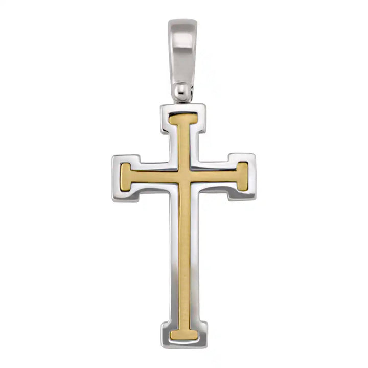 Layered Latin Two-Tone Gold Cross Pendant on white background